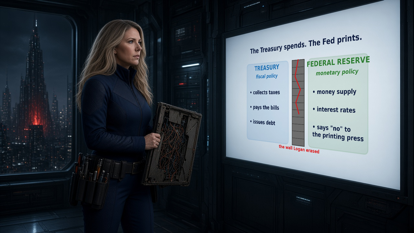 Patsy Leviathon in her navy tactical jumpsuit holds her open wire case and studies a control-room monitor captioned 'The Treasury spends. The Fed prints.': the Treasury (fiscal policy: collects taxes, pays the bills, issues debt) and the Federal Reserve (monetary policy: money supply, interest rates) are separated by a cracked wall labeled 'the wall Logan erased', while Logan's tower glows red through the window.
