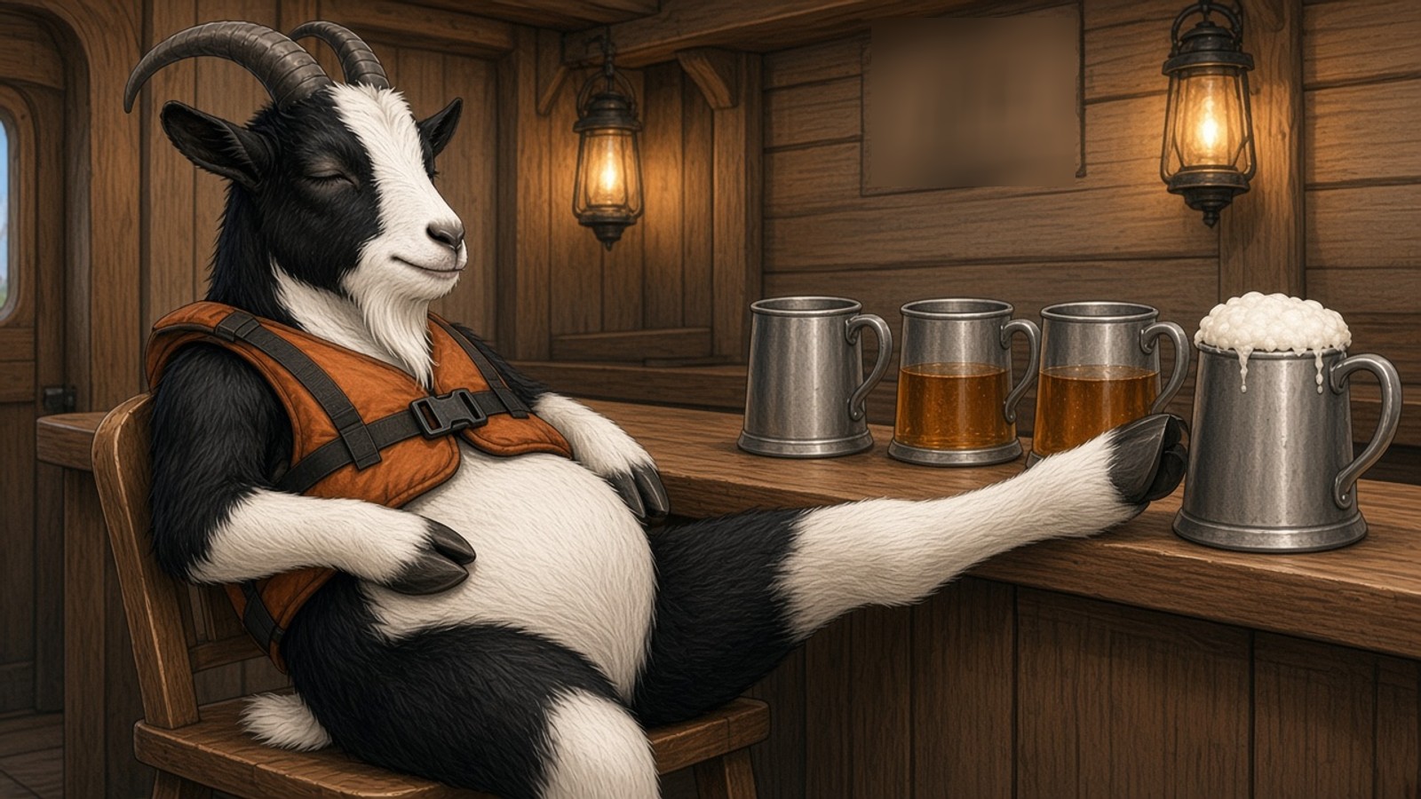 Socks the goat in his orange life vest sits at a galley counter with four tankards in a row, from drained to untouched, nudging the fourth one away.