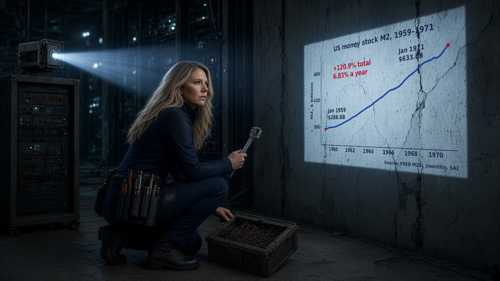 Patsy Leviathon in her navy tactical jumpsuit and black tool belt crouches beside an open case of tangled wires in a dark server vault, watching a projection on a cracked concrete wall: the FRED M2 money stock (M2SL) rising from $286.6 billion in January 1959 to $633.0 billion in January 1971, up 120.9% in total, or 6.83% a year.