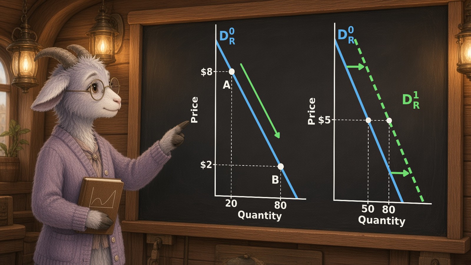 Petunia Pareto, a lilac-grey goat in round spectacles and a lilac cardigan, points at a large chalkboard with two panels. Left: a movement along the blue rum demand curve D-zero-R, where a green arrow takes the dot from A ($8, 20 bottles) to B ($2, 80 bottles). Right: a shift of demand, where higher income moves the whole curve right from D-zero-R (solid blue) to D-one-R (dashed green); at $5, quantity demanded rises from 50 to 80 bottles.