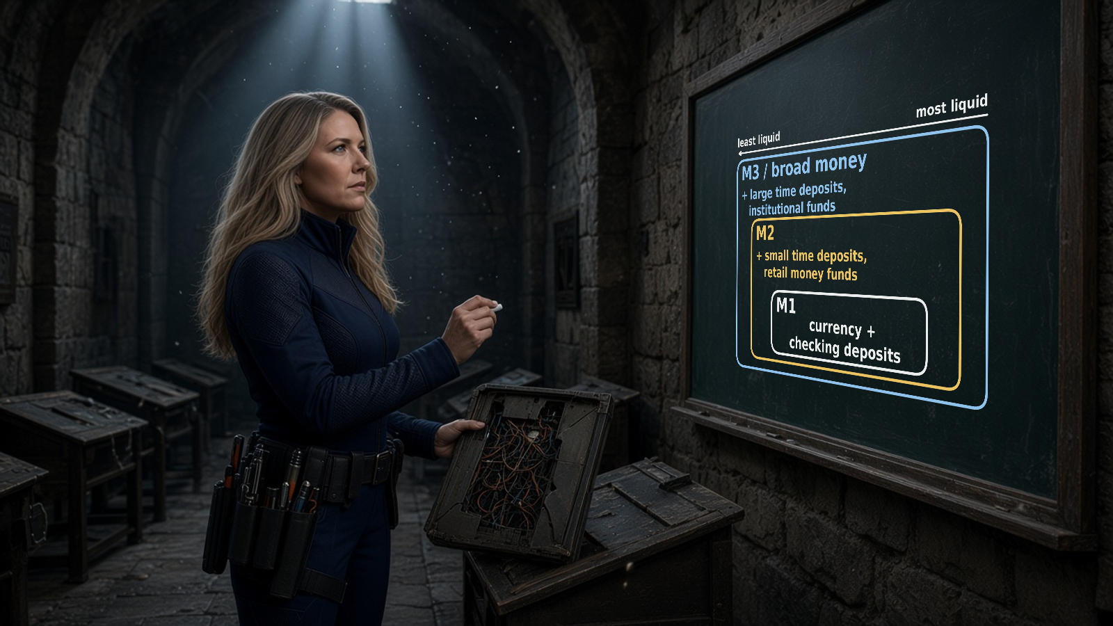 Patsy Leviathon in her navy tactical jumpsuit stands with chalk in hand beside an old chalkboard in a forgotten archive classroom, showing three nested boxes: M1 (currency plus checking deposits) inside M2 (plus small time deposits and retail money funds) inside M3 or broad money (plus large time deposits and institutional funds), arranged from most to least liquid.