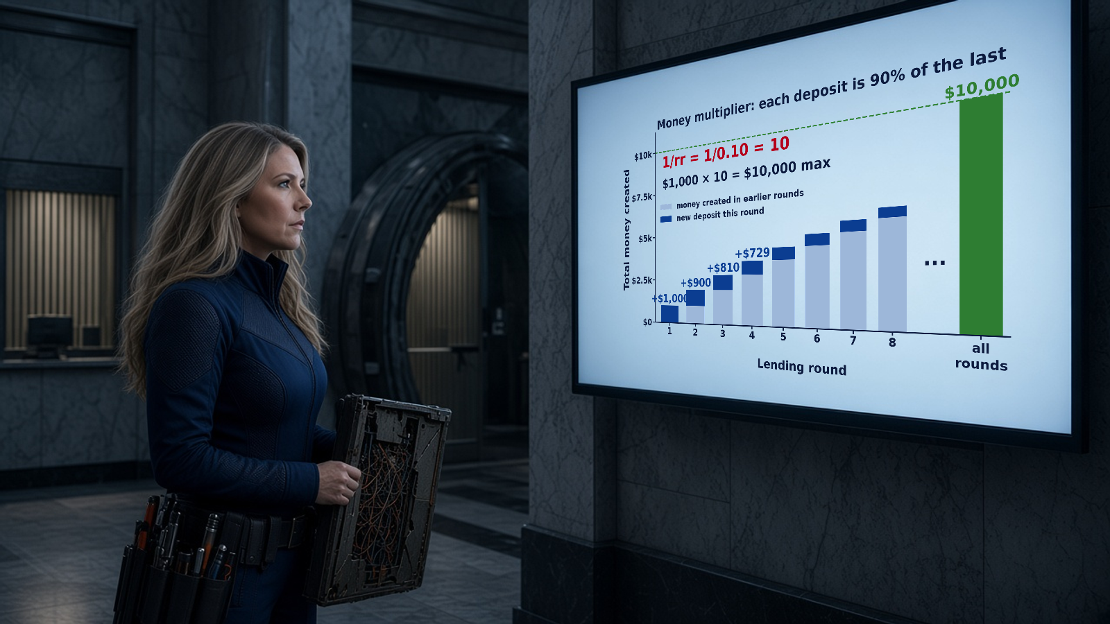 Patsy Leviathon in her navy tactical jumpsuit studies a monitor in an abandoned bank lobby showing the money multiplier: deposits of $1,000, $900, $810, $729 and so on, each 90% of the last, adding up toward $10,000 because 1/rr = 1/0.10 = 10.