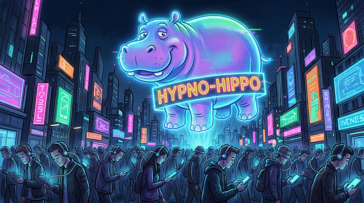 Hypno Hippo enthroned amid swirling TokPod feeds, feeding on human attention