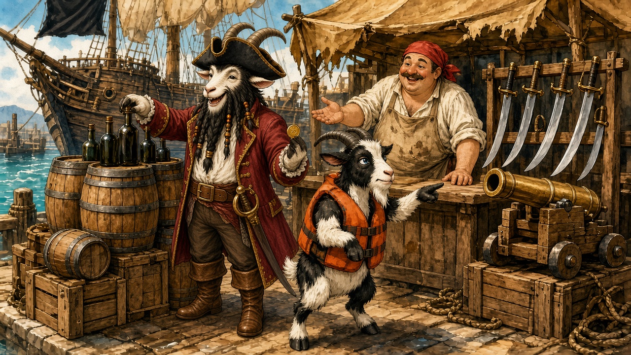 On a sunny harbor dock, Captain Pirate Pete, a goat in a crimson coat and tricorn with a long braided black beard, holds up a single gold coin and reaches longingly for rum bottles, while Socks the goat in his orange life vest sternly points at a rack of cutlasses and a brass cannon, and a cheerful merchant behind the stall waits to be paid.