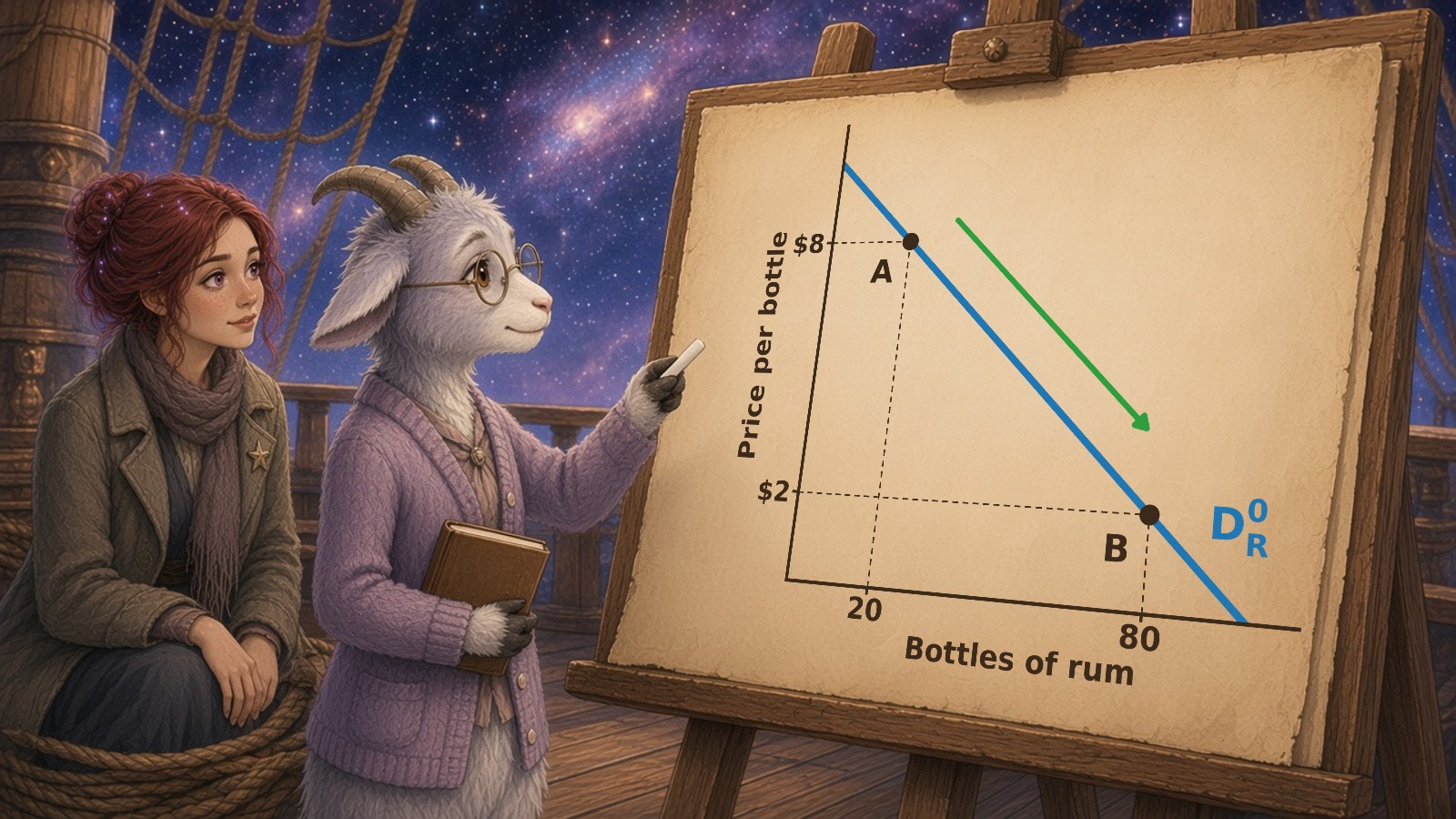 Petunia Pareto, a lilac-grey goat in round spectacles and a lilac cardigan, holds up chalk beside a large parchment easel on the ship's deck at night while Stella Starlight watches from a coil of rope. The parchment shows the original rum demand curve, D-zero-R, as a blue line sloping down. Point A is at $8 and 20 bottles and point B is at $2 and 80 bottles, with thin dashed drop lines to both axes and a green arrow from A to B for the price fall.