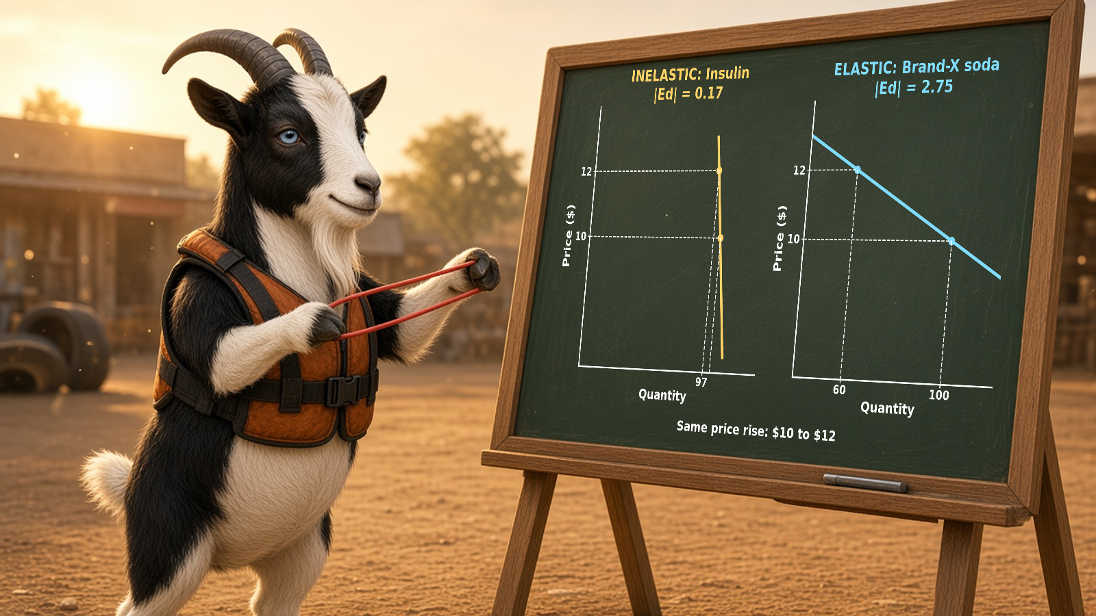 Socks the goat stretches a red rubber band beside a chalkboard with two demand curves for the same price rise from $10 to $12: a nearly vertical inelastic curve for insulin (quantity 100 to 97, |Ed| = 0.17) and a flat elastic curve for Brand-X soda (quantity 100 to 60, |Ed| = 2.75).