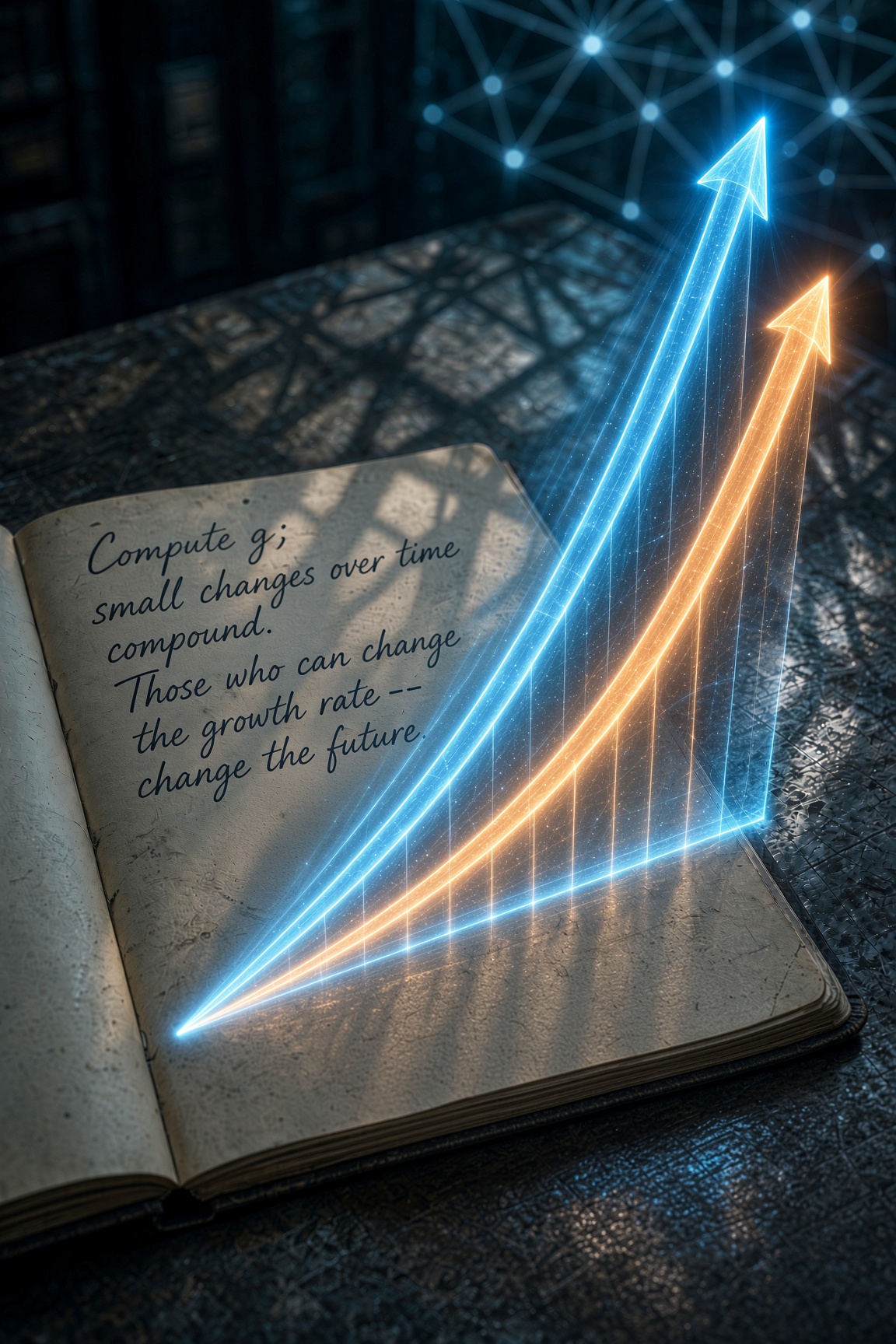 Notebook listing three growth-literacy commands beside a tiny holographic chart of diverging curves, suggesting the student has internalized the lesson.