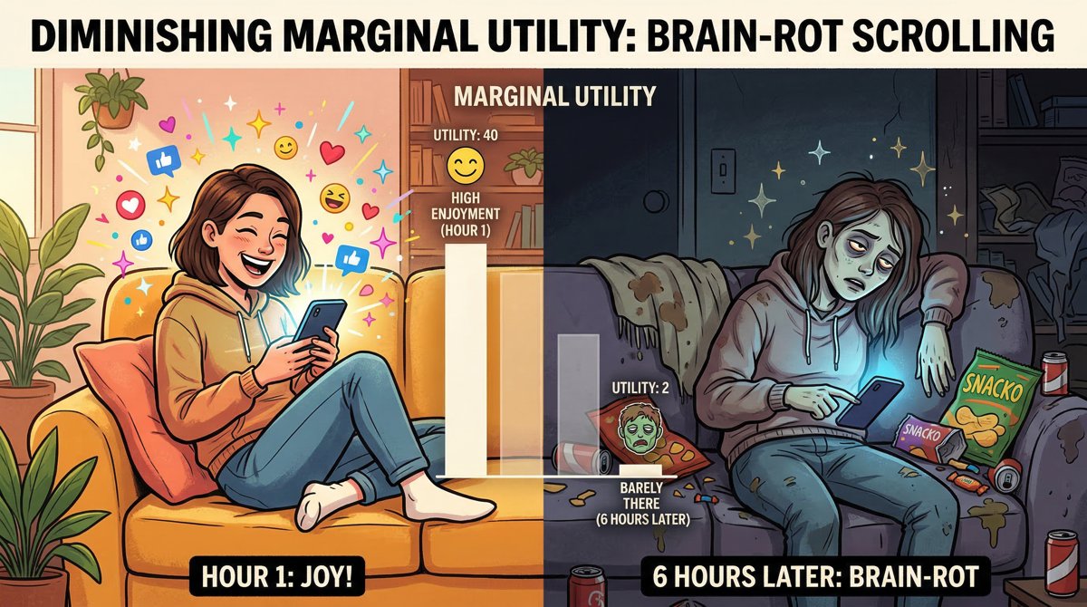 Diagram of diminishing marginal utility as successive hours add less satisfaction