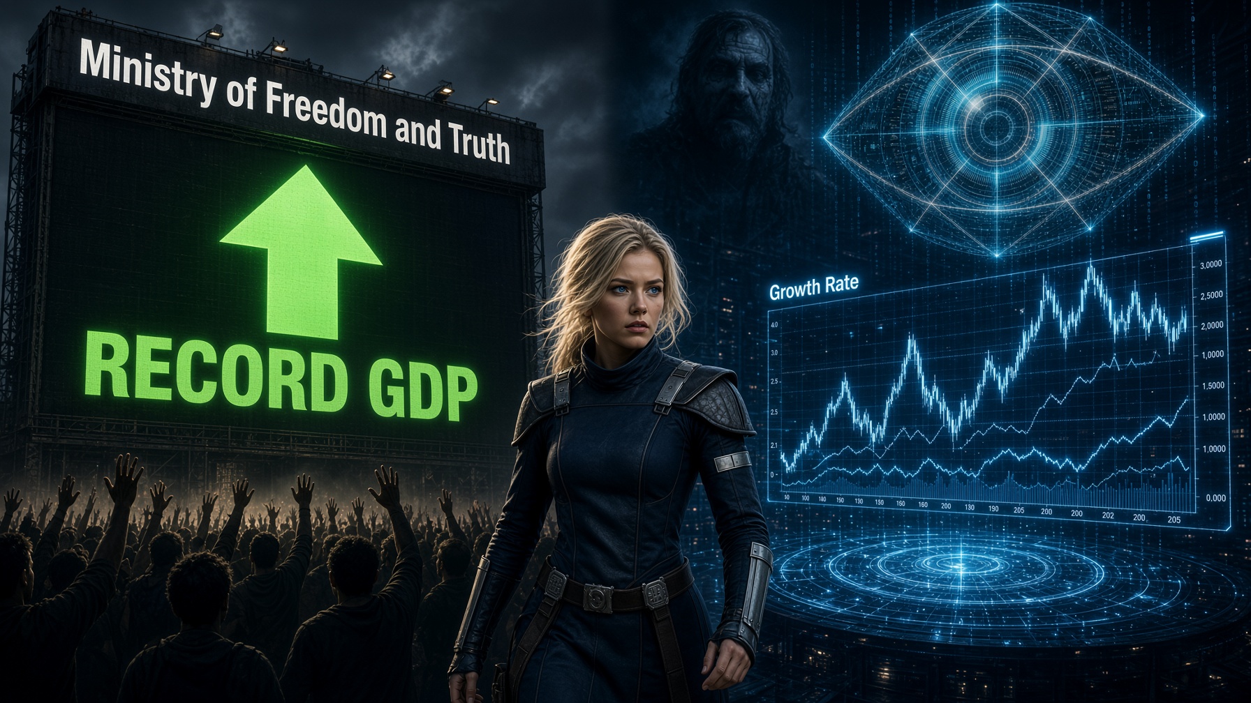 Contrasting a propaganda billboard that boasts record GDP with an archive display that shows careful real per-capita growth measurement, as Patsy walks toward the archive.