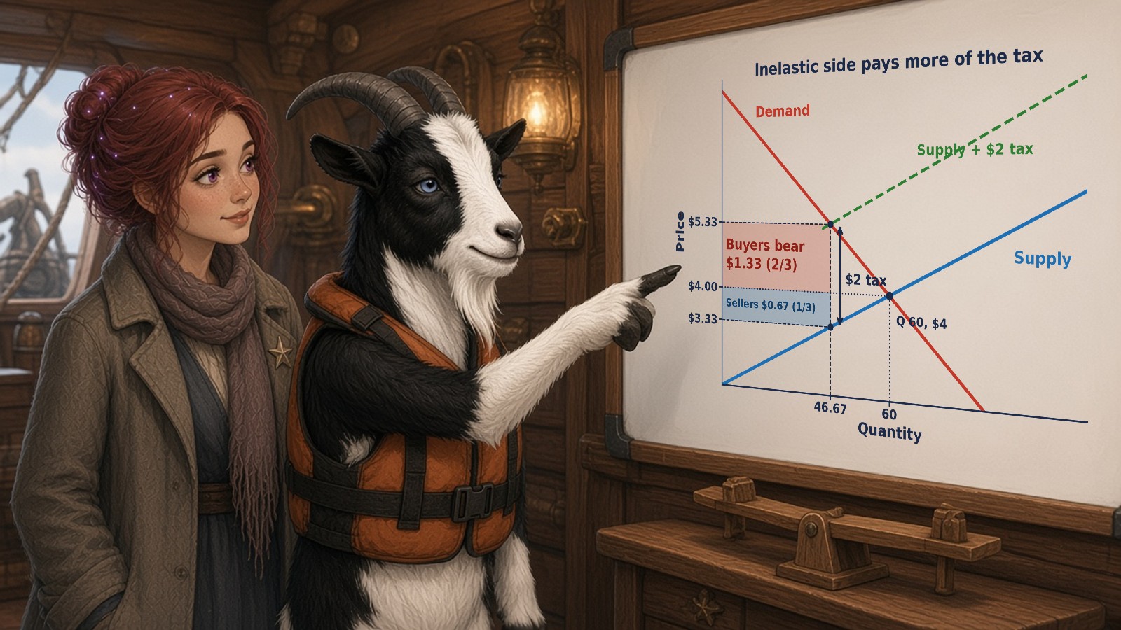 Socks the goat points at a whiteboard while Stella Starlight watches: in the market Qd = 100 − 10P, Qs = −20 + 20P, a $2 per-unit tax raises the buyers' price from $4.00 to $5.33 and lowers the sellers' price to $3.33 at a quantity of 46.67, so buyers bear $1.33 (two-thirds) and sellers $0.67 (one-third).