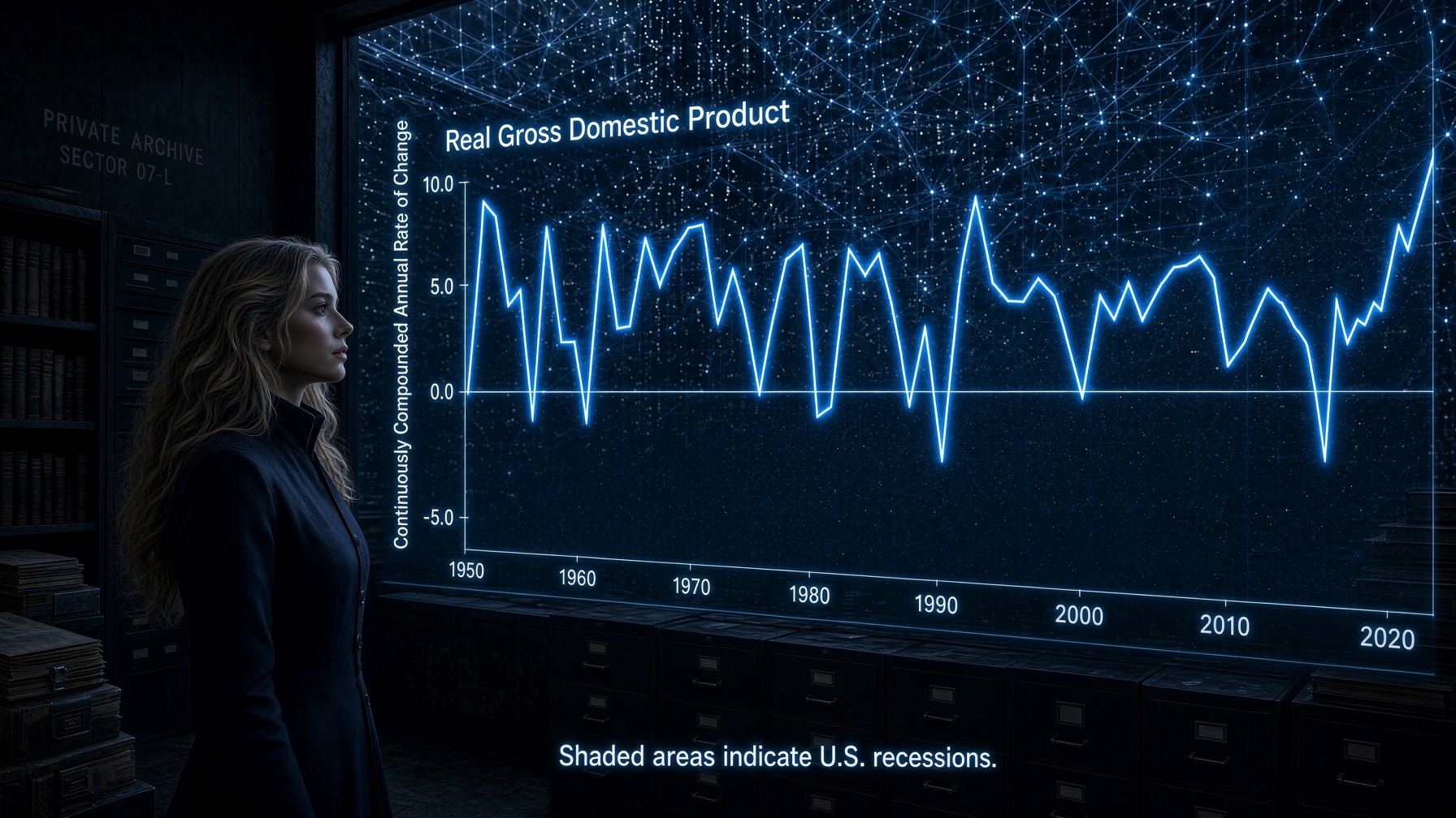 Patsy studying a holographic rising real-GDP line in a dark archive while a lattice of light observes, conveying data literacy as resistance.