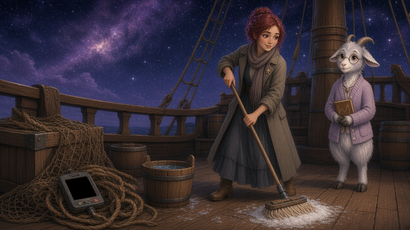 On the ship's deck at night, Stella Starlight stands upright mopping the boards with a long-handled mop beside a bucket of suds, her back to a dark, switched-off TokPod lying abandoned on a coil of rope, while Petunia Pareto, a lilac-grey goat in spectacles and a cardigan, watches approvingly.