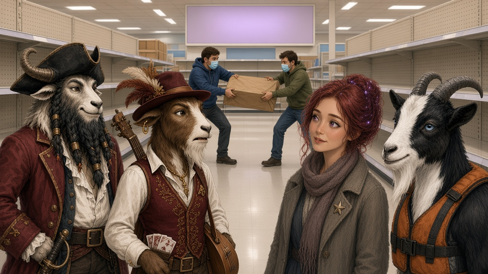 In a ransacked big-box store with empty toilet-paper shelves, two masked shoppers tug at the last box while Captain Pirate Pete, First Mate Orpheus with his lute, Stella Starlight and Socks the goat in his orange life vest look on beneath a glowing purple billboard.