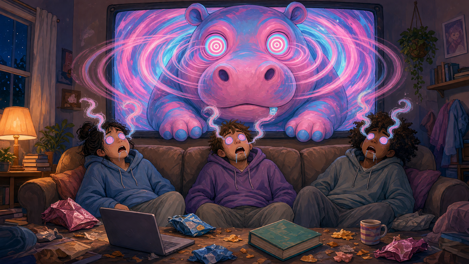 Hypno Hippo, an enormous pink-and-blue cartoon hippo with glowing concentric swirl eyes, pushes his head and front legs out of a wall screen and fills the room with soft hypnotic rings, while three disheveled college students in rumpled hoodies and sweats slump on a couch beside a forgotten laptop and textbook, gazing up at him with glazed eyes and drooling slack mouths as wisps of attention flow from their heads into him.