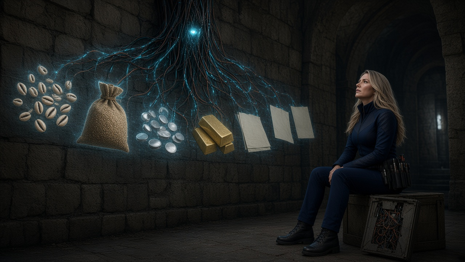 In a dim vault, Patsy Leviathon in her navy jumpsuit sits on a crate watching holographic shells, grain, silver discs, gold bars and paper notes drift across the wall, projected from a small cyan eye in the ceiling cables.