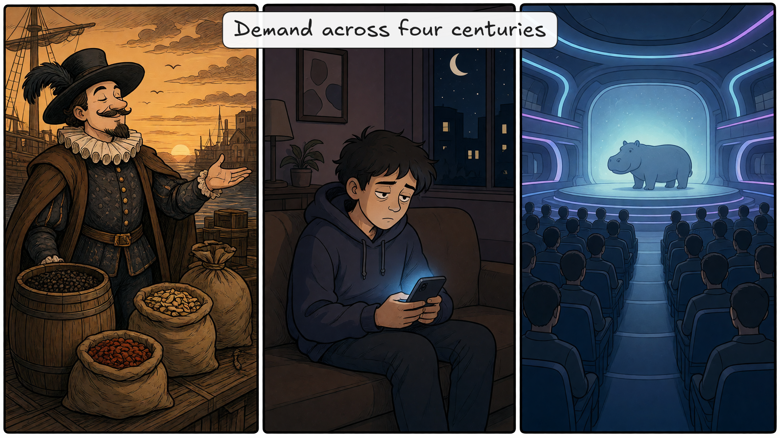 Three-panel comic: in 1625 a spice merchant shows off pepper barrels and spice sacks at a dock; in the present day a tired person on a couch stares at a phone; in the future a hall audience faces a calm hippo on a stage.