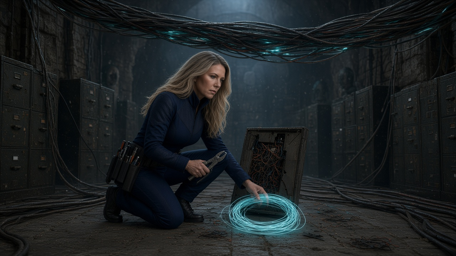 At dawn in an archive vault, Patsy Leviathon in her navy jumpsuit kneels by her wire case, a scorched splice cut free on the floor, reaching for a fresh coil of wire while a faint cyan eye glows in the cables above.