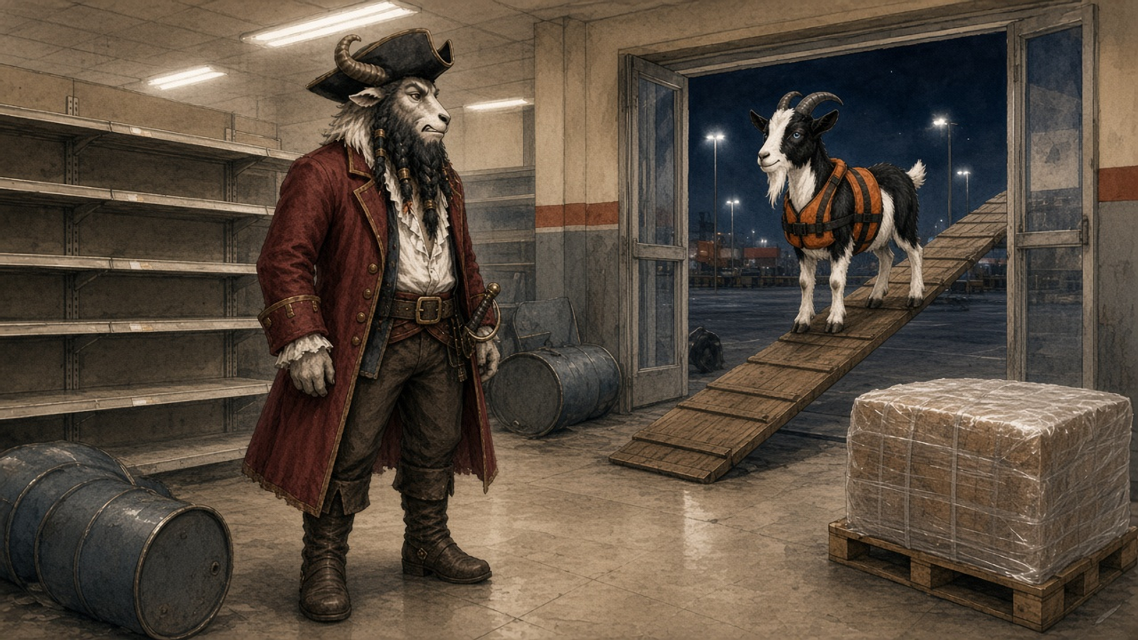 Captain Pirate Pete, a goat in a tricorn and crimson coat, stands in a ransacked store between empty shelves and one last bale, not reaching for it, while Socks watches from a gangplank outside the open doors and empty fuel drums lie nearby.