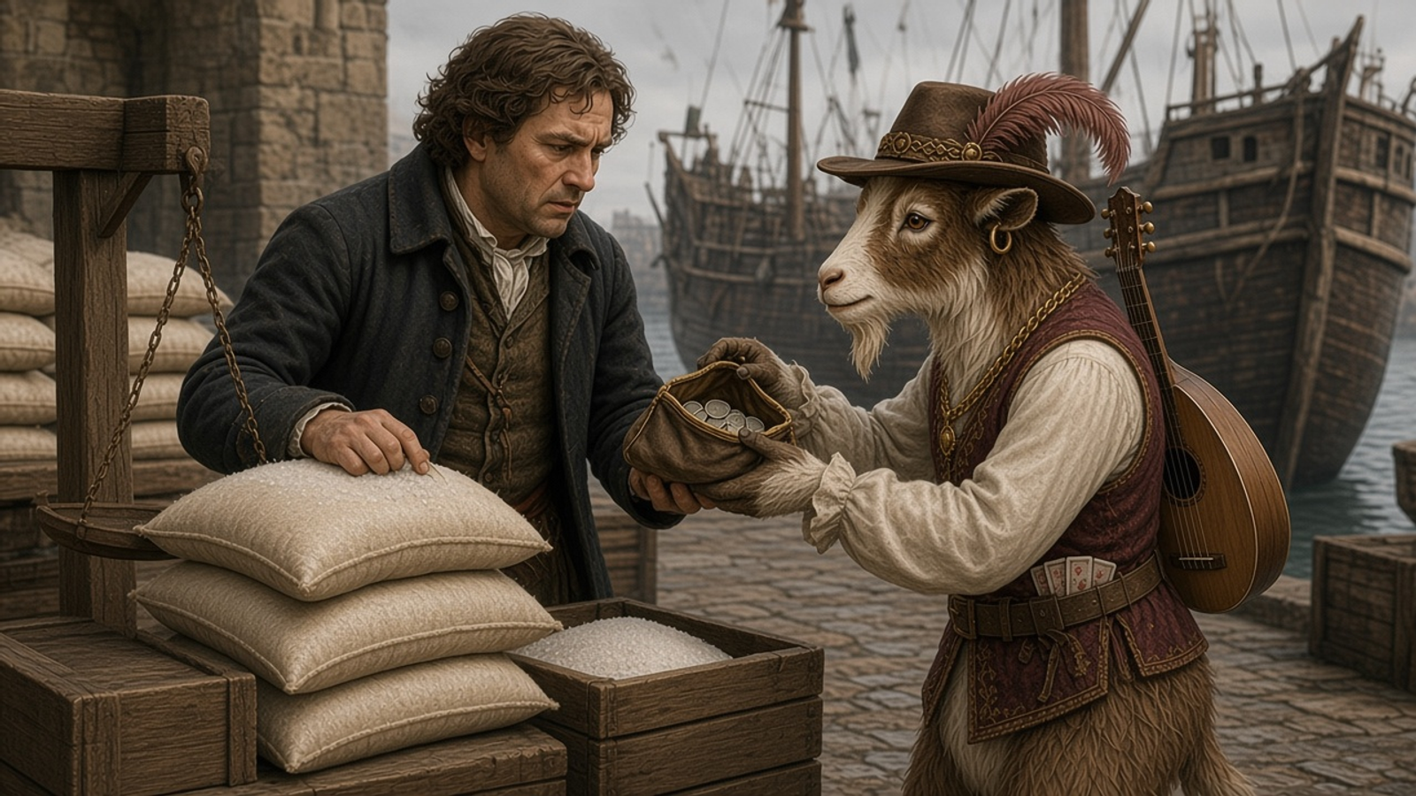 First Mate Orpheus, a brown-and-white goat in a feathered hat and burgundy vest, haggles with a stern salt merchant beside stacked sacks of salt on a 1625 harbor quay.