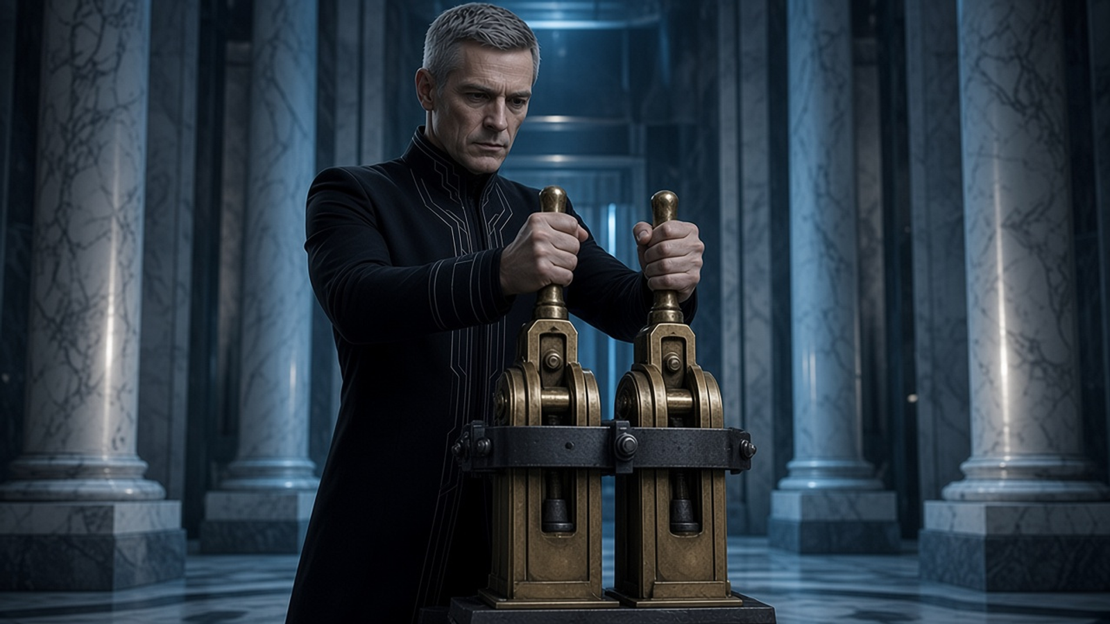 Logan Prime in a black high-collar suit grips two brass levers that have been clamped together into one, pulling them down in a marble vault.