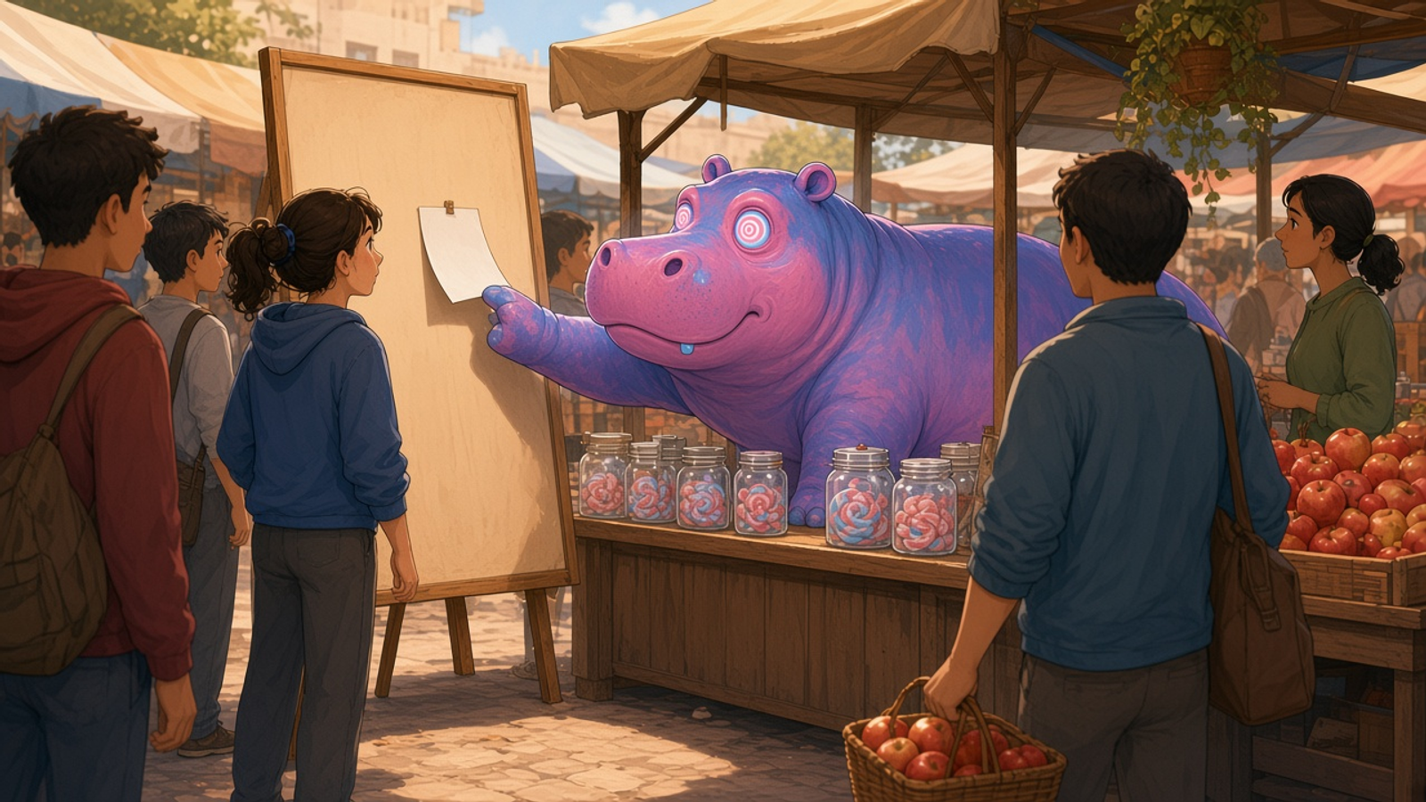 Hypno Hippo, a pink-and-blue hippo with swirling eyes, slides a marker one notch higher on a rail beside his glowing market stall while a long line of shoppers barely shrinks.