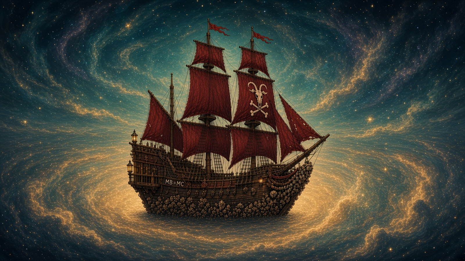 The Crimson Barnacle, a wooden space-time pirate galleon with limp crimson sails and one goat-skull sail, sits motionless in a glowing teal-and-amber cosmic calm with a faint distant time-tunnel on the horizon.