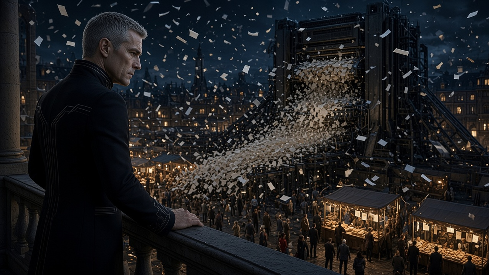 Logan Prime stands at a balcony rail at night while a giant printing press behind him showers blank paper notes over a market square where the bread looks small.